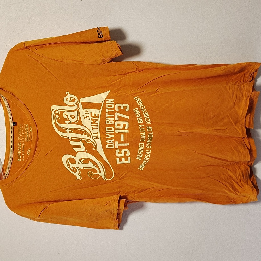 Buffalo David Bitton no#1 All Time David Bitton est- 1973 orange t-shirt
